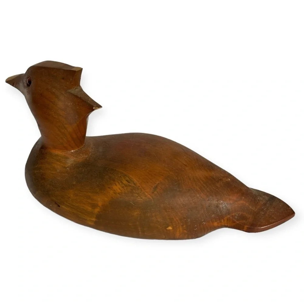 12.5” Wooden Carved Duck Decoy Brown Stripped Wood